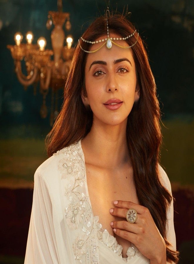 اكسيشر سلسلة رأس مرصعة بأحجار الراين الذهبية من أكسيشر، مجوهرات للشعر وإكسسوارات للجبهة، سلسلة رأس بوهيمية قابلة للتعديل للنساء - Image 2